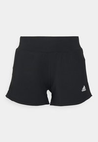 Shorts deportivos negros con una cinta ancha en la cintura, hechos de un material flexible. Presenta un pequeño logo blanco de Adidas en la parte inferior derecha.