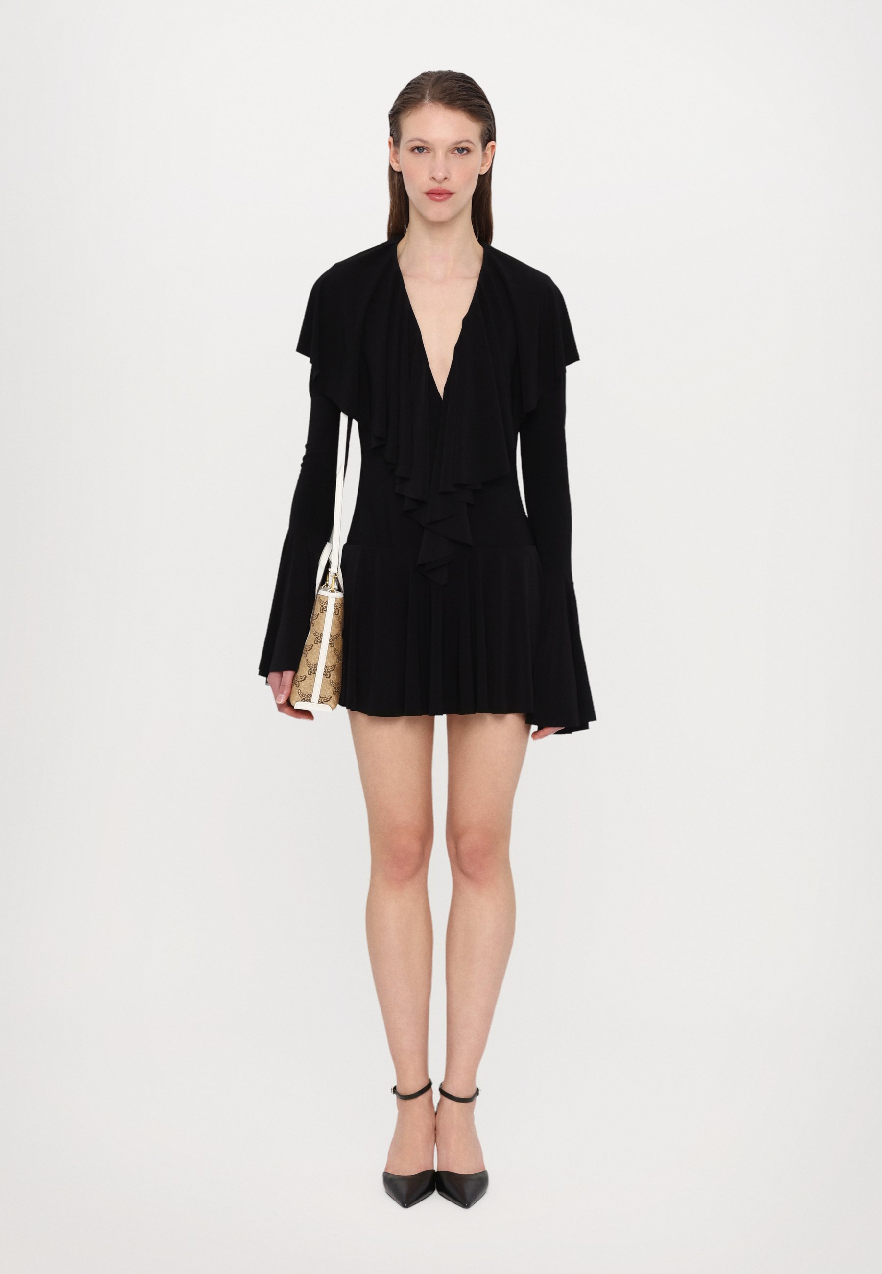 Norma Kamali LONG SLEEVE DEEP V RUFFLE MINI DRESS - Jersey dress