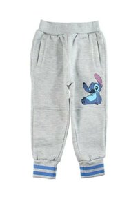 Pantalon de survêtement en coton gris avec poches latérales, poignets côtelés rayés bleus et personnage de dessin animé bleu imprimé sur la cuisse gauche.