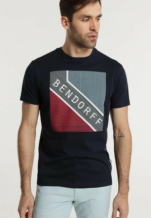 Navy blue cotton t-shirt with a geometric design featuring red and blue diagonal stripes and the text "BENDORFF" in a modern font.