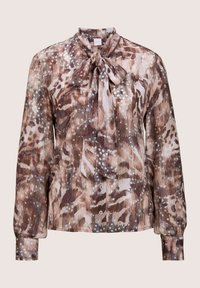 Bruine en beige gebloemde blouse met een striknek, lange pofmouwen, knopen aan de voorkant en een licht gestructureerde stof.