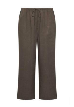 Brązowe szerokie spodnie lniane z elastycznym pasem i zapięciem na sznurek, zaprojektowane do noszenia na co dzień.