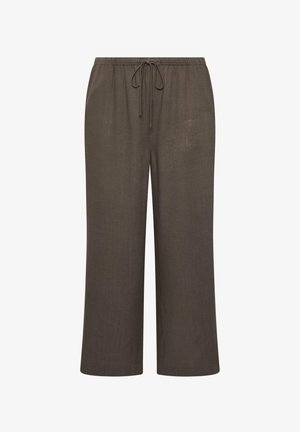 Brune hørbukser med vide ben, elastisk linning og snøre, designet til afslappet brug.