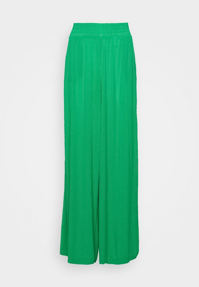 Pantalon large vert vif avec une taille élastique, confectionné en tissu léger, présenté sur fond blanc.