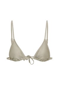Τριγωνικό τοπ μπικίνι από μεταλλικό ύφασμα σε ανοιχτό ασημί χρώμα. Διαθέτει λεπτές τιράντες, κυματιστά τελειώματα και κεντρικό δέσιμο για ρυθμιζόμενη εφαρμογή.
