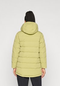 Gaiši zaļa pūkaina jaka ar kapuci, ar aploces dizainu un garām piedurknēm. Jakai ir vidēja garuma griezums un gluda tekstūra.