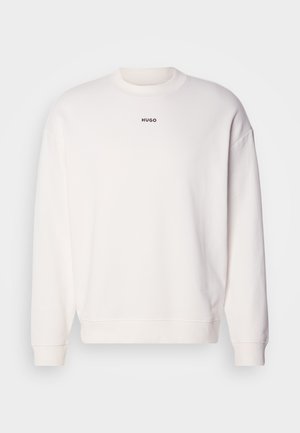 White crewneck sweatshirt made of soft cotton blend, featuring a relaxed fit, ribbed cuffs, and "HUGO" logo in black on the chest.