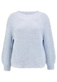 Hellblaues Strickpullover mit Rundhalsausschnitt, langen Ärmeln, gerippten Bündchen und lockerer Passform, der ein strukturiertes Garnmuster zeigt.