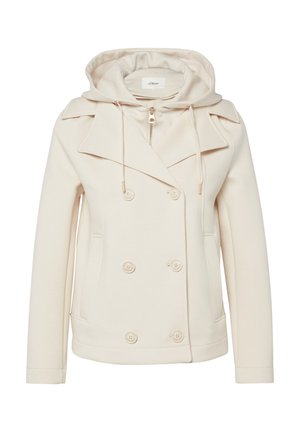 Veste crème à double boutonnage avec six boutons, poches latérales, une couche intérieure zippée, capuche avec cordon de serrage et larges revers.