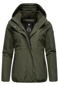 Giacca isolata verde oliva con zip frontale, cappuccio regolabile e due tasche con zip. Tessuto liscio con vestibilità aderente.
