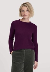 Burgunderfarbener Pullover mit langen Ärmeln und runder Halslinie, aus einem weichen Material gefertigt. Kombiniert mit grünen Cordhosen mit einer Fronttasche.