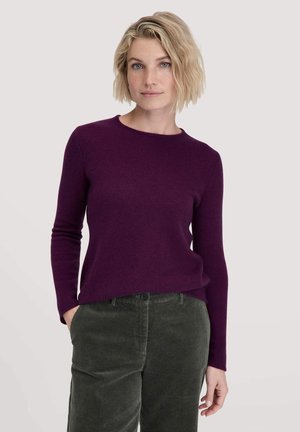 Bordeaux langemouwen sweater met een ronde hals, gemaakt van een zachte stof. Gecombineerd met groene corduroy broeken met een voorzak.