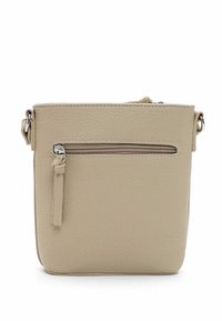 Borsa a tracolla in pelle beige con una superficie texturizzata, una tasca con zip frontale e una tracolla corta. Presenta una cucitura semplice e un design minimalista.