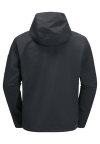 Veste imperméable noire avec capuche, présentant une texture lisse et un design simple. Pas de logos visibles ni de détails supplémentaires au dos.