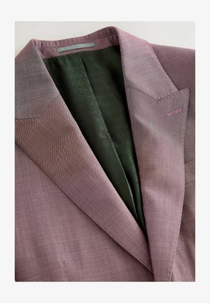 Lavender blazer featuring a textured exterior and a patterned dark green lining. Notable details include notched lapels and a single chest pocket.