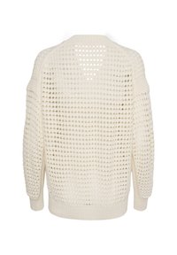Helle Strickpullover mit offenem Maschenmuster und dreieckigen Mustern, gerippten Bündchen und lässiger Passform. Detaillierter Rücken mit einem Schlüsselloch-Ausschnitt.