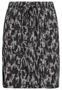 Černá a šedá sukně s texturovaným abstraktním vzorem, elastickým pasem a detaily na šňůrku. Lehce látka s bočními kapsami.