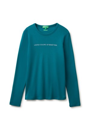 Petrolkleurig shirt met lange mouwen, ronde hals en de tekst ""UNITED COLORS OF BENETTON."" gedrukt op de borst.