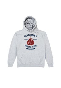 Grå hoodie med en frontlomme, snoretræk i hætten og et grafik med teksten "GENTLEMAN’S BOXING CLUB" samt en emblem med boksehandsker.