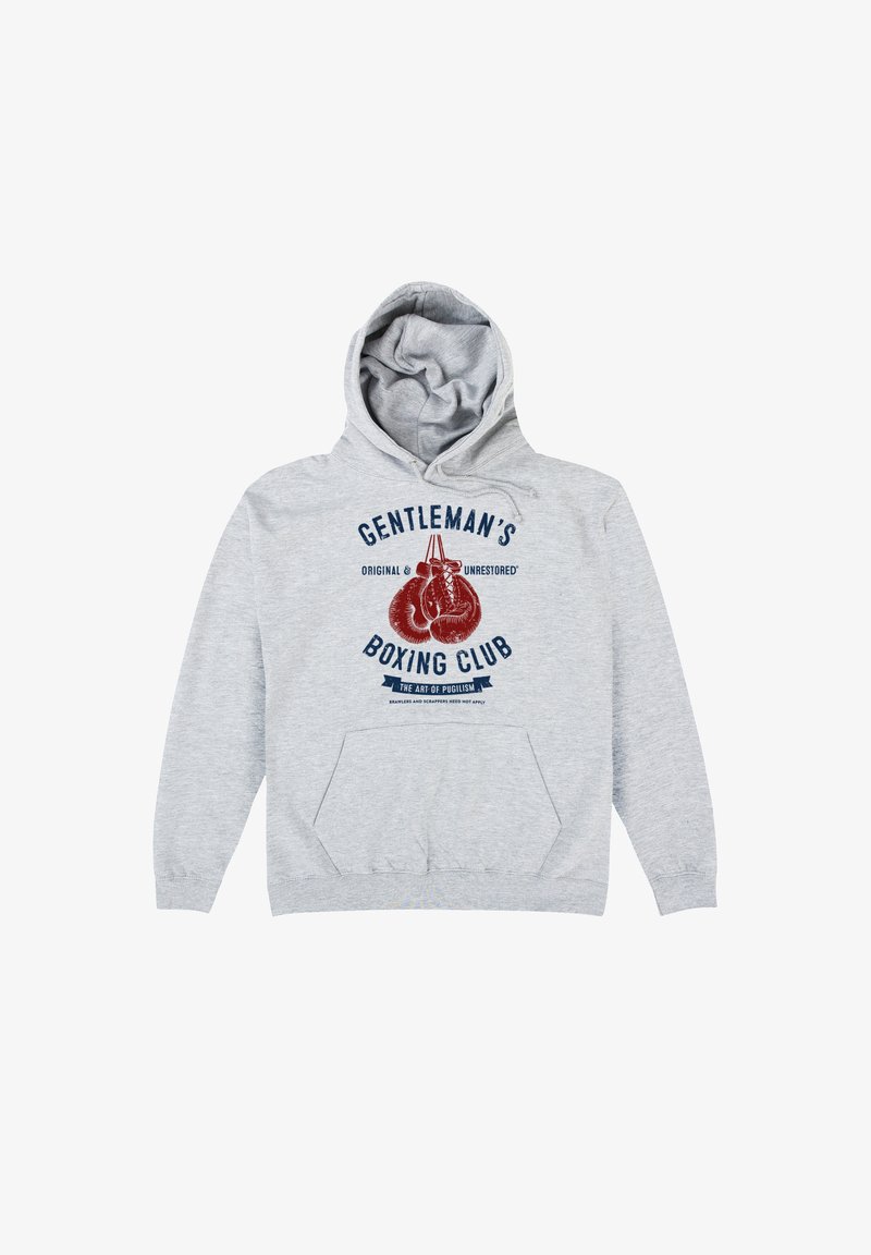 Felpa grigia con cappuccio, tasca frontale e un grafico con il testo "GENTLEMAN'S BOXING CLUB" e un emblema di guantoni da boxe.