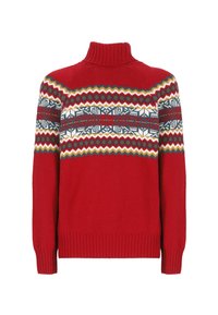 Roter Rollkragenpullover aus weichem Strick mit einem geometrischen Muster in Blau, Grün und Weiß an der Schulternaht. Mit gerippten Manschetten und Saum.