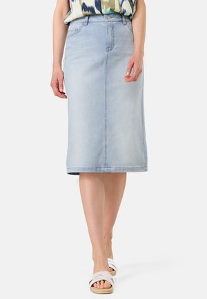 Light blue denim midi skirt with a straight cut, front zipper, and pockets. Features a clean hem and slightly faded texture.