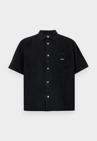 Black short-sleeve shirt, made of denim, featuring a button placket, a collar, and a chest pocket with a small embroidered "obey" logo.
