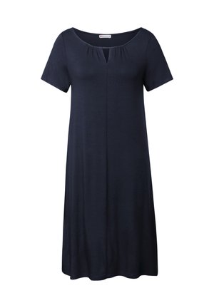 Vestido de manga corta, de color azul marino oscuro, con un escote redondo y un detalle de ojo de cerradura en la parte delantera. Hecho de una tela suave, presenta un corte holgado.