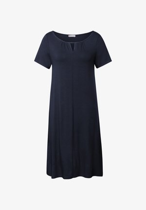Sukienka z krótkim rękawem w ciemnoniebieskim kolorze, z okrągłym dekoltem i detalem w kształcie klucza z przodu. Wykonana z miękkiej tkaniny, charakteryzująca się luźnym krojem.