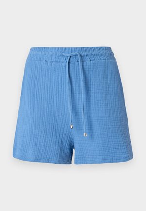 Shorts en coton bleu avec un design texturé et froissé, ceinture élastique, cordon de serrage ajustable et embouts métalliques.