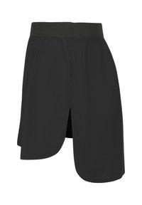 Schwarzer Sportrock mit breitem Bund, ausgestattet mit einem Seitenschlitz und einem leichten, glatten Stoff, der sich leicht drapiert.