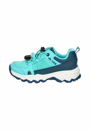 Turquoise and navy blue athletic shoe with white sole, branded "Lico," featuring quick-release laces and a pull tab on the heel.
