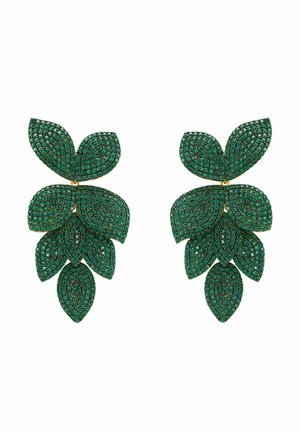Green leaf-shaped earrings featuring multiple layers, adorned with sparkling gemstones, mounted in gold-toned metal.
