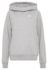 Grijze katoenen hoodie met een grote capuchon, geribbelde manchetten, een kangaroezak en een wit Nike-logo op de borst. Zachte textuur en een casual ontwerp.