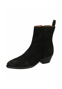 Svart ankelstövel i mocka med spetsig tå, förgylld med strass på tå och häl, med låg blokklack och sidodragkedja.