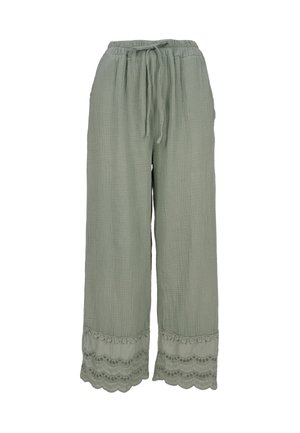 Hellegrüne weite Hose aus strukturierter Stoff, mit einem Kordelzugbund und Spitzenbesatz am Saum.
