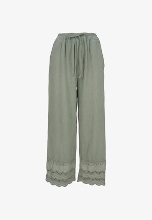 Hellegrüne weite Hose aus strukturierter Stoff, mit einem Kordelzugbund und Spitzenbesatz am Saum.