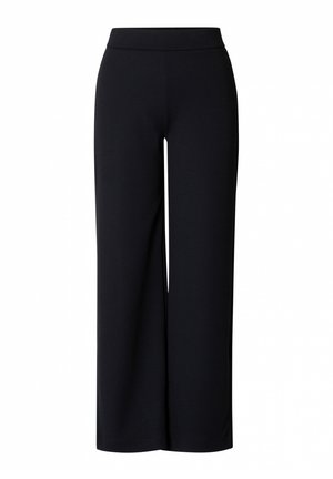 Black wide-leg trousers with a smooth, stretchy fabric. Features a high waistband and no visible fastenings or pockets. Classic design.