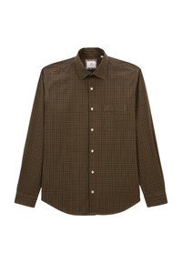 Chemise à manches longues à carreaux marron avec un col boutonné, une poche poitrine et des boutons blancs sur un tissu lisse.