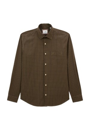 Chemise à manches longues à carreaux marron avec un col boutonné, une poche poitrine et des boutons blancs sur un tissu lisse.
