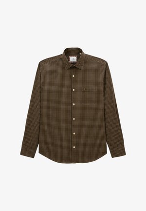 Chemise à manches longues à carreaux marron avec un col boutonné, une poche poitrine et des boutons blancs sur un tissu lisse.