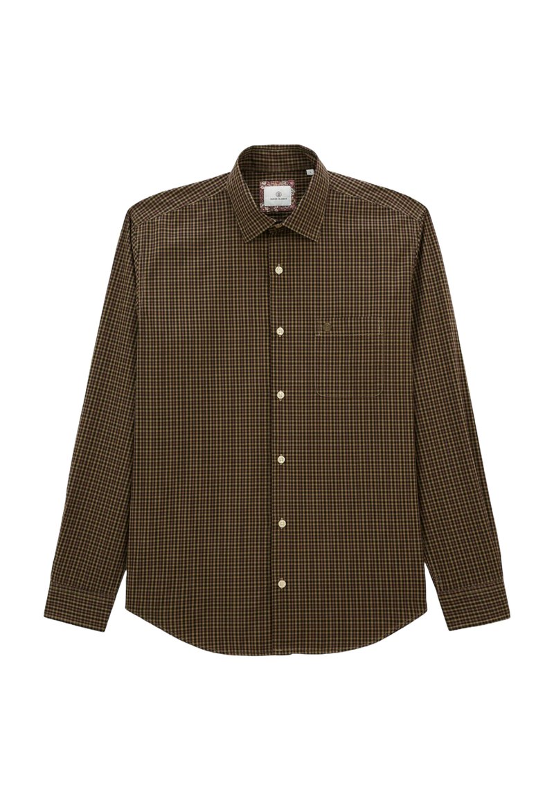 Chemise à manches longues à carreaux marron avec un col boutonné, une poche poitrine et des boutons blancs sur un tissu lisse.