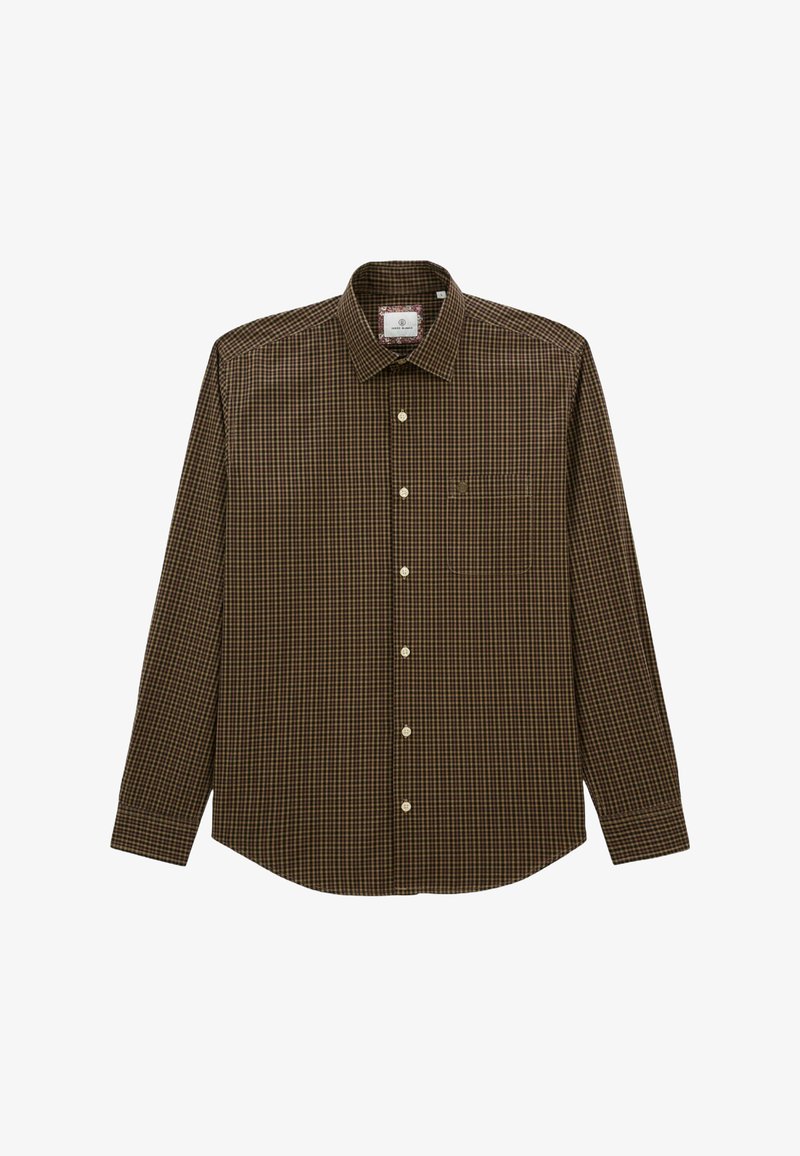 Chemise à manches longues à carreaux marron avec un col boutonné, une poche poitrine et des boutons blancs sur un tissu lisse.