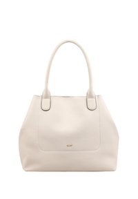 Witte, gestructureerde lederen totebag met twee handvatten, met een eenvoudig ontwerp en gouden hardwareaccent aan de voorkant.