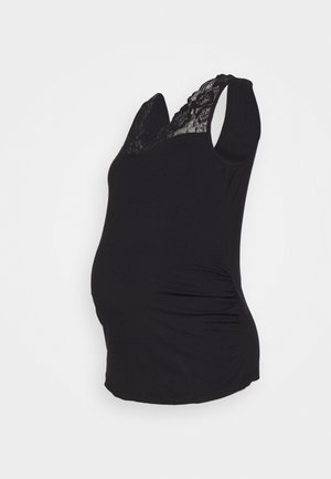 Top de maternidad negro sin mangas con detalle de encaje en el escote en V y laterales fruncidos para mayor elasticidad y comodidad.