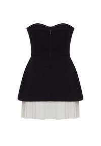 Černé, strukturované šaty bez ramínek s peplum designem, vyrobené z hladkého materiálu a s skládací bílou sukní. Na zadní straně se nachází zapínání na zip.