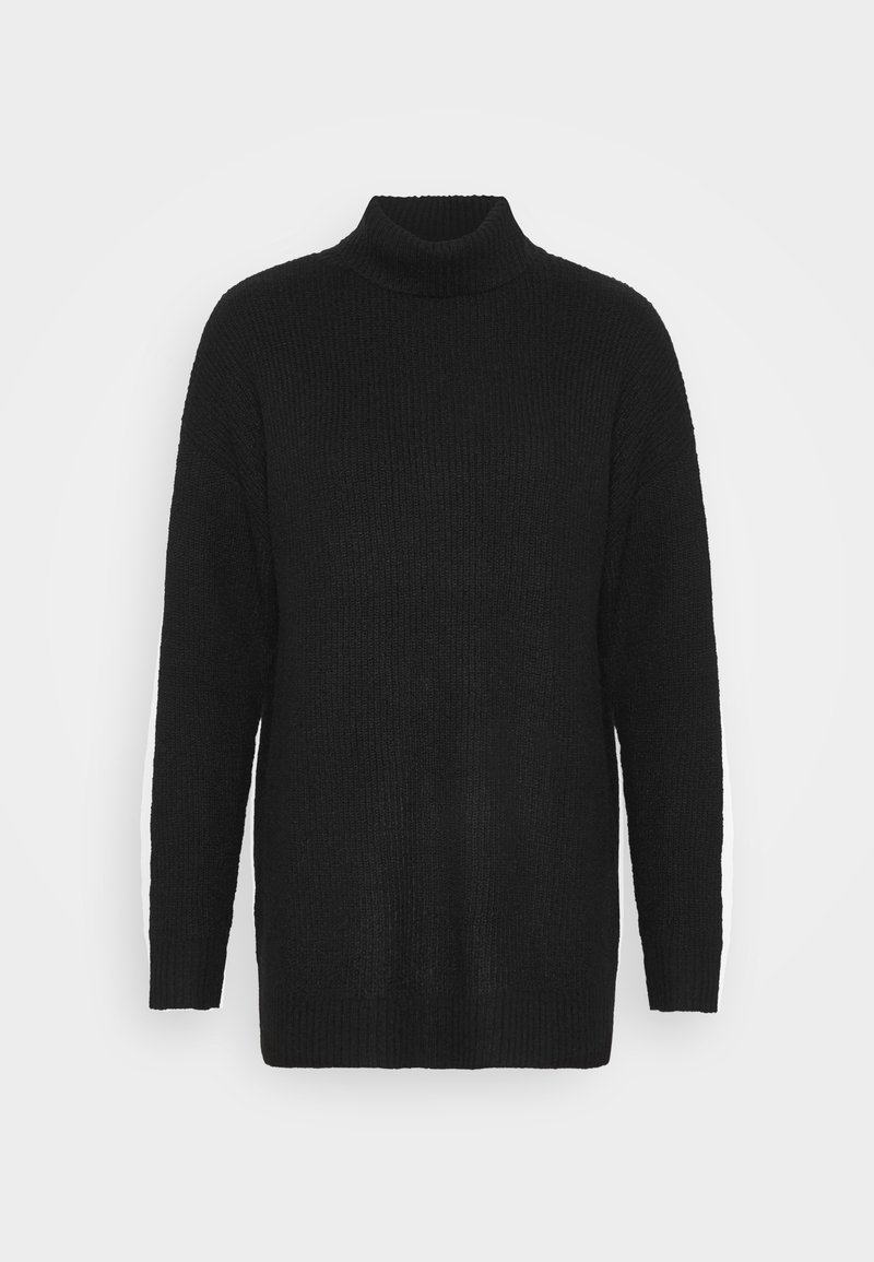Pull en tricot noir à manches longues et col roulé, avec des poignets et un ourlet côtelés, présenté sur fond blanc.