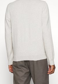 Hellgrauer, langärmeliger Pullover mit weicher Textur und gerippten Bündchen. Der Pullover hat einen geraden Schnitt und einen klassischen Rundhalsausschnitt.