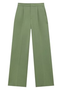 Pantalon vert à jambes larges avec une texture lisse, présentant des plis à l'avant et des poches latérales, confectionné pour une coupe décontractée.