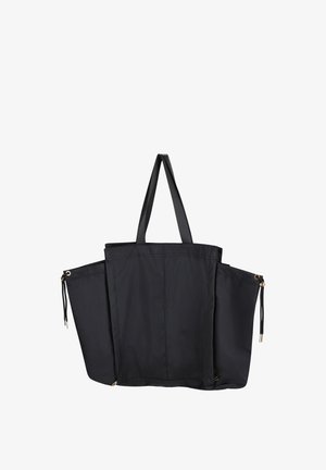 Sort tote taske med to udvidede sideafdelinger med snøre og dobbelt skulderrem.